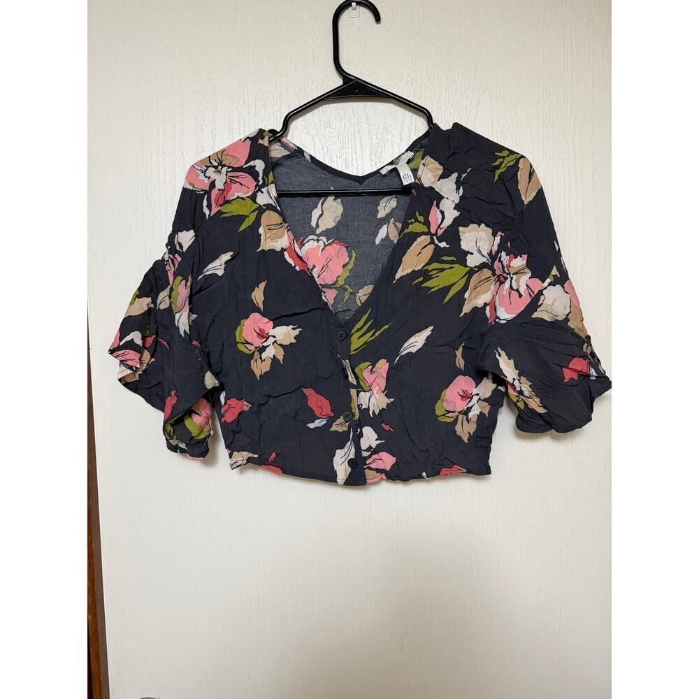 Leith Floral Print Ruffle Short Sleeve Crop Top Size Small